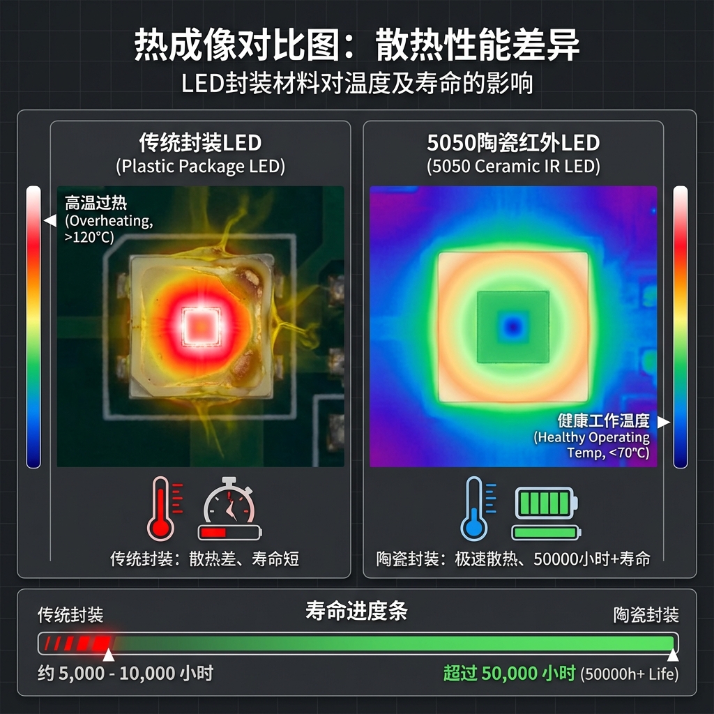 热成像对比图，左侧传统封装LED中心区域高温过热并老化发黄；右侧5050陶瓷红外LED热量均匀扩散，中心温度健康，并配有寿命进度条，显示其拥有超长寿命。