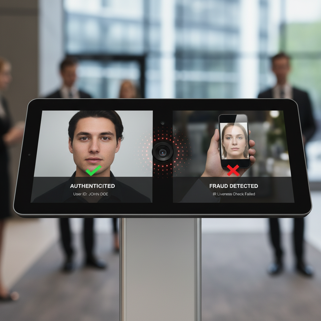 展现活体检测的场景。人脸识别设备前,左侧一名真实用户成功通过识别(显示绿色对勾),其面部被红外光自然照亮。右侧,一只手尝试用打印照片或手机播放的视频进行欺骗,但系统识别失败(显示红色叉号),强调红外LED在防止欺诈中的作用。