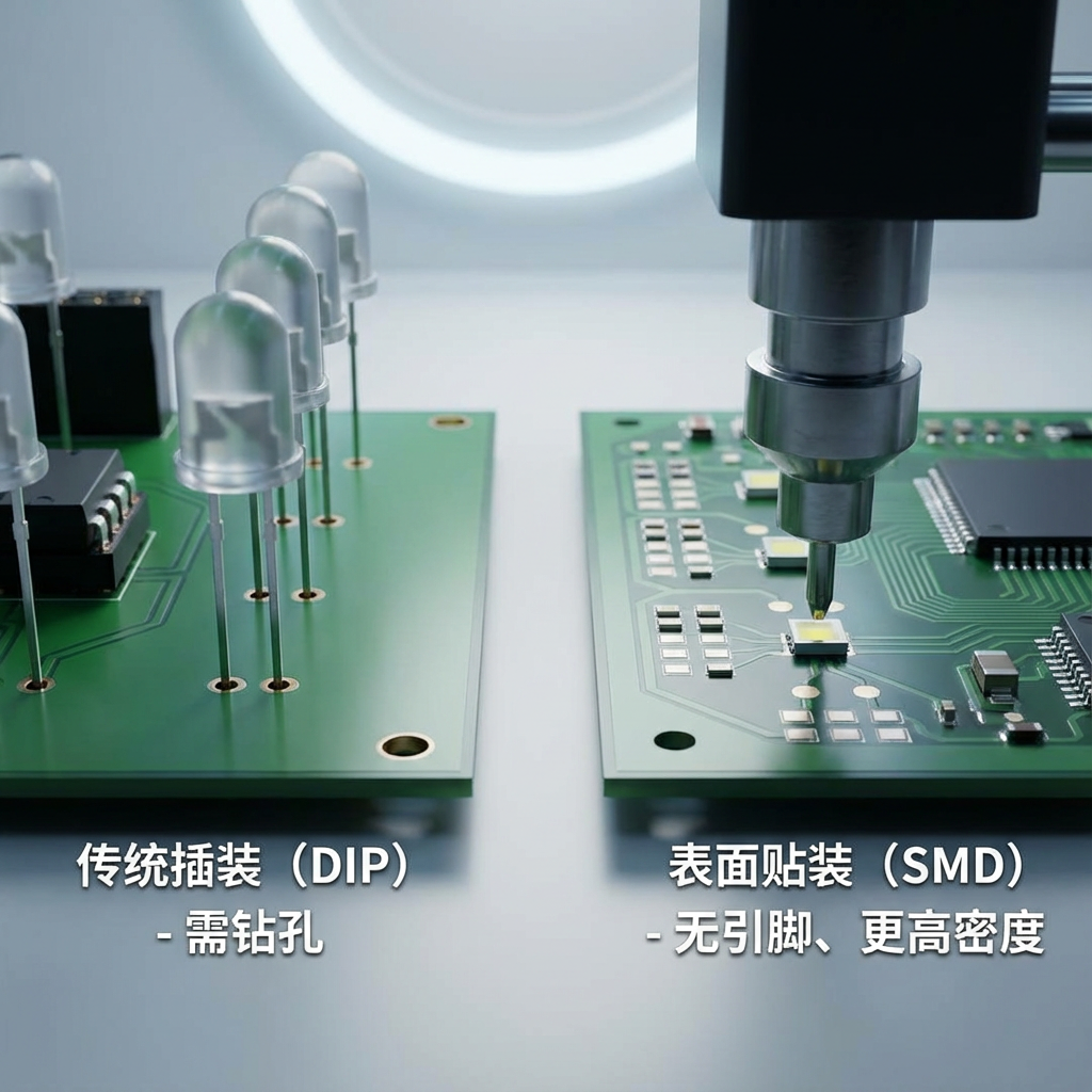 传统插装（DIP）与表面贴装（SMD）LED对比：左侧传统插装DIP灯珠需钻孔，右侧SMD表贴LED无引脚，由机械臂精准贴装，实现更高密度和更小体积。