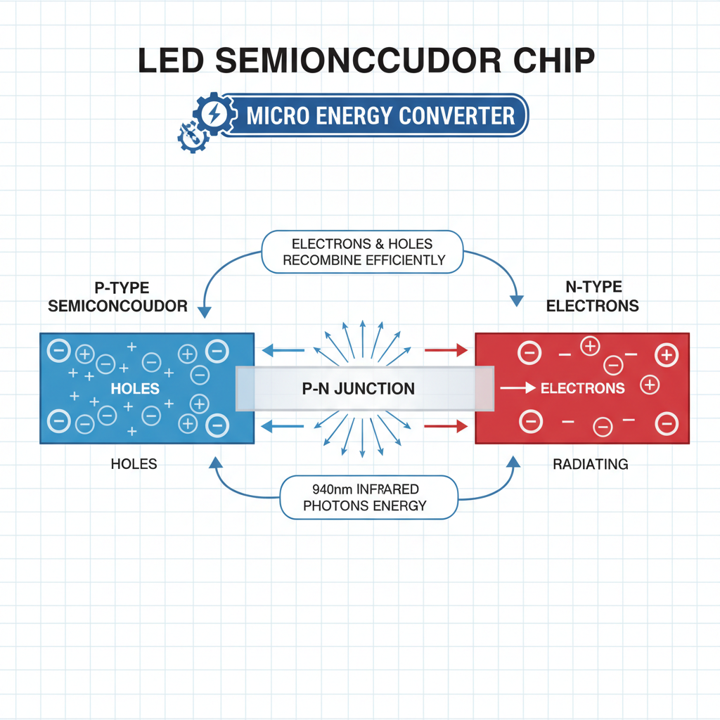 一个清晰的LED半导体芯片内部结构剖面图，显示P型和N型半导体形成P-N结。电子和空穴在结区高效复合，以940nm红外光子形式向外辐射能量，并配有简明标注，强调其作为“微型能量转换器”的本质。