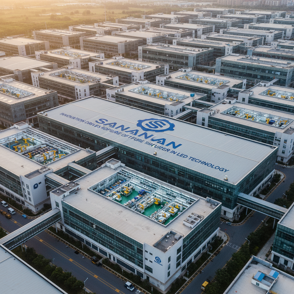 厦门三安生产基地鸟瞰图,展示了密集的厂房和生产线,以及工人正在进行灯珠生产的场景,背景显示三安光电的标志。