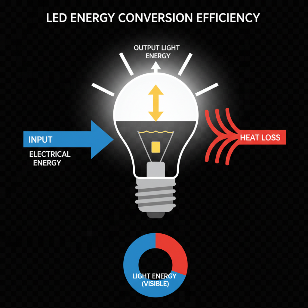 LED光电转换率示意图,展示电能输入、输出光能和热能损耗的比例。