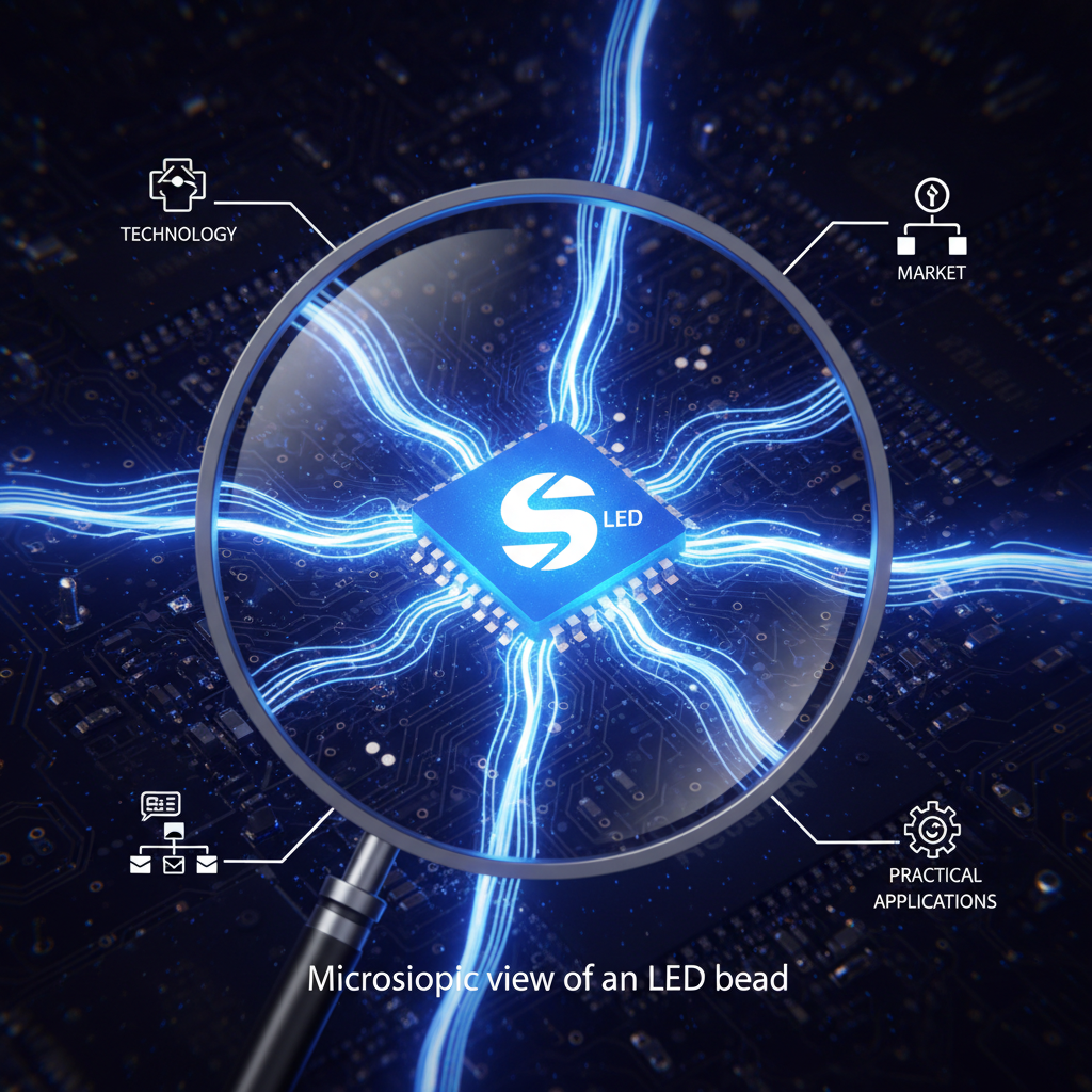 一个LED灯珠的微观世界,发光的蓝色芯片在放大镜下,周围环绕着光线,并有三安灯珠的标志。