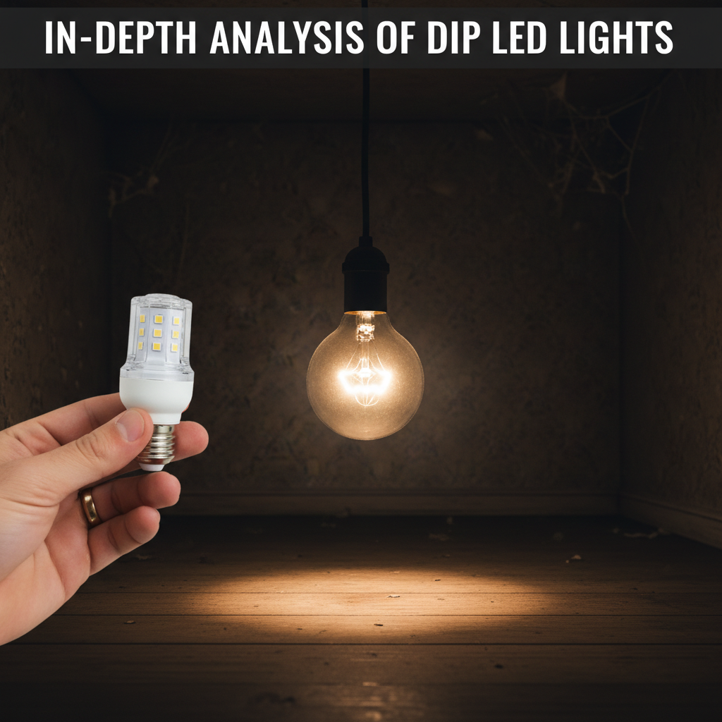 一个明亮的灯泡悬挂在昏暗的房间里,一个手拿着灯泡的熟悉的手从画面左侧进入,准备更换。上方,一个大型标题“直插式LED灯深度解析”横跨整个画面。