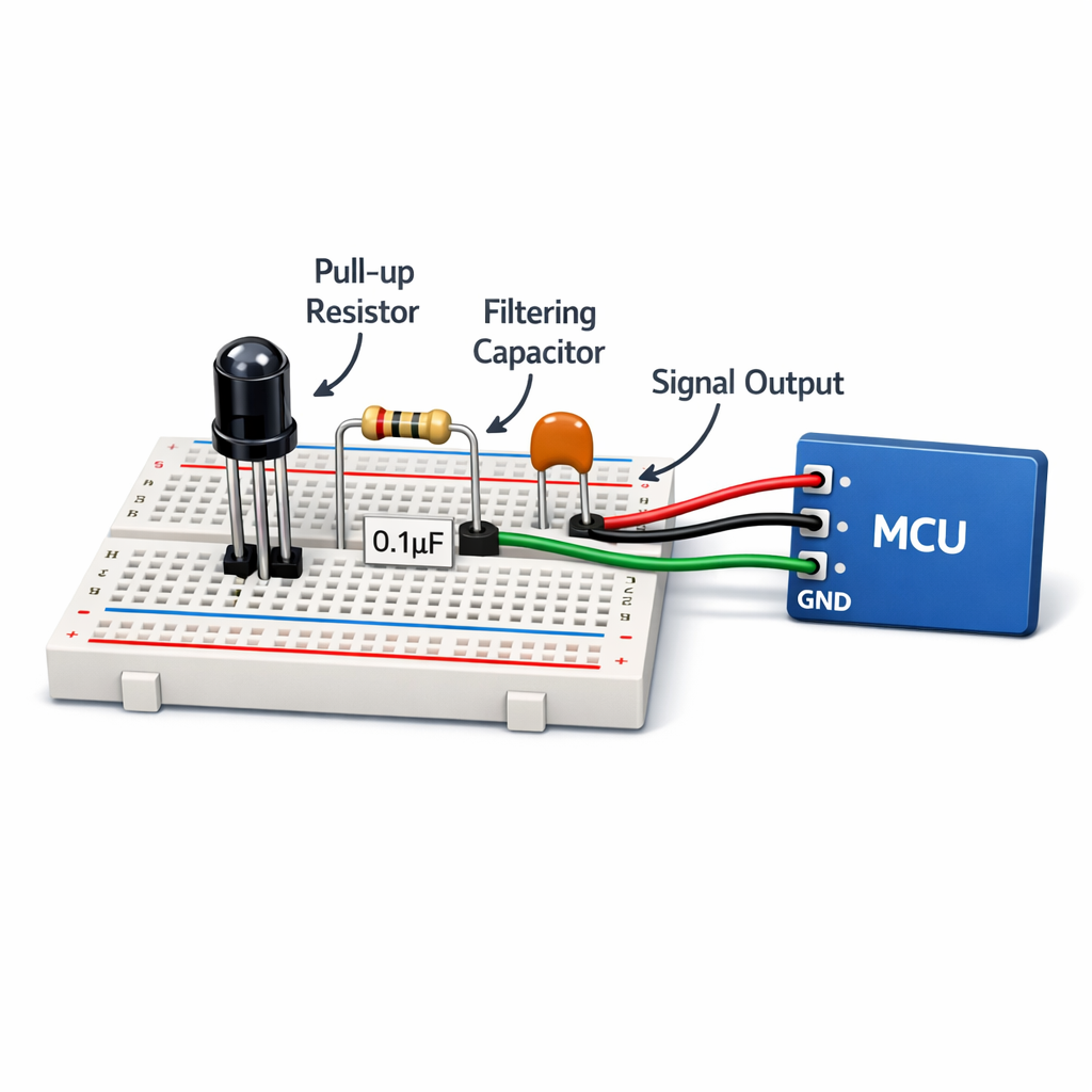 直插接收灯珠典型应用电路3D示意图，展示上拉电阻与滤波电容的连接