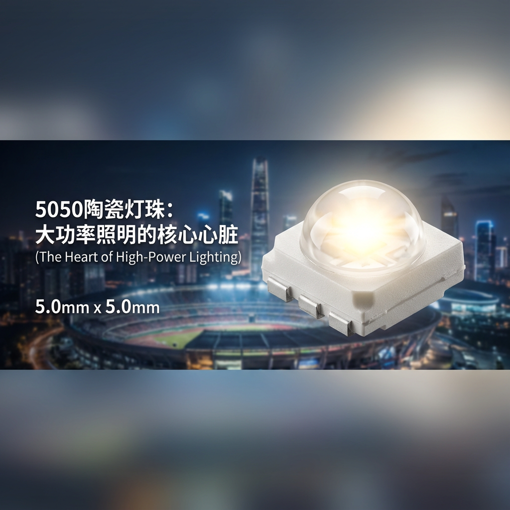 5050陶瓷灯珠:大功率照明的核心心脏,展示了5.0mm x 5.0mm的精准尺寸特征和高端应用场景