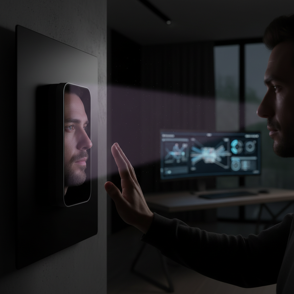 夜晚智能家居或安防场景中,人脸识别终端或隐蔽摄像头发出人眼几乎不可见的940nm红外光,精准照射用户面部或手部,强调其隐蔽性,营造无感高效的识别或交互氛围。