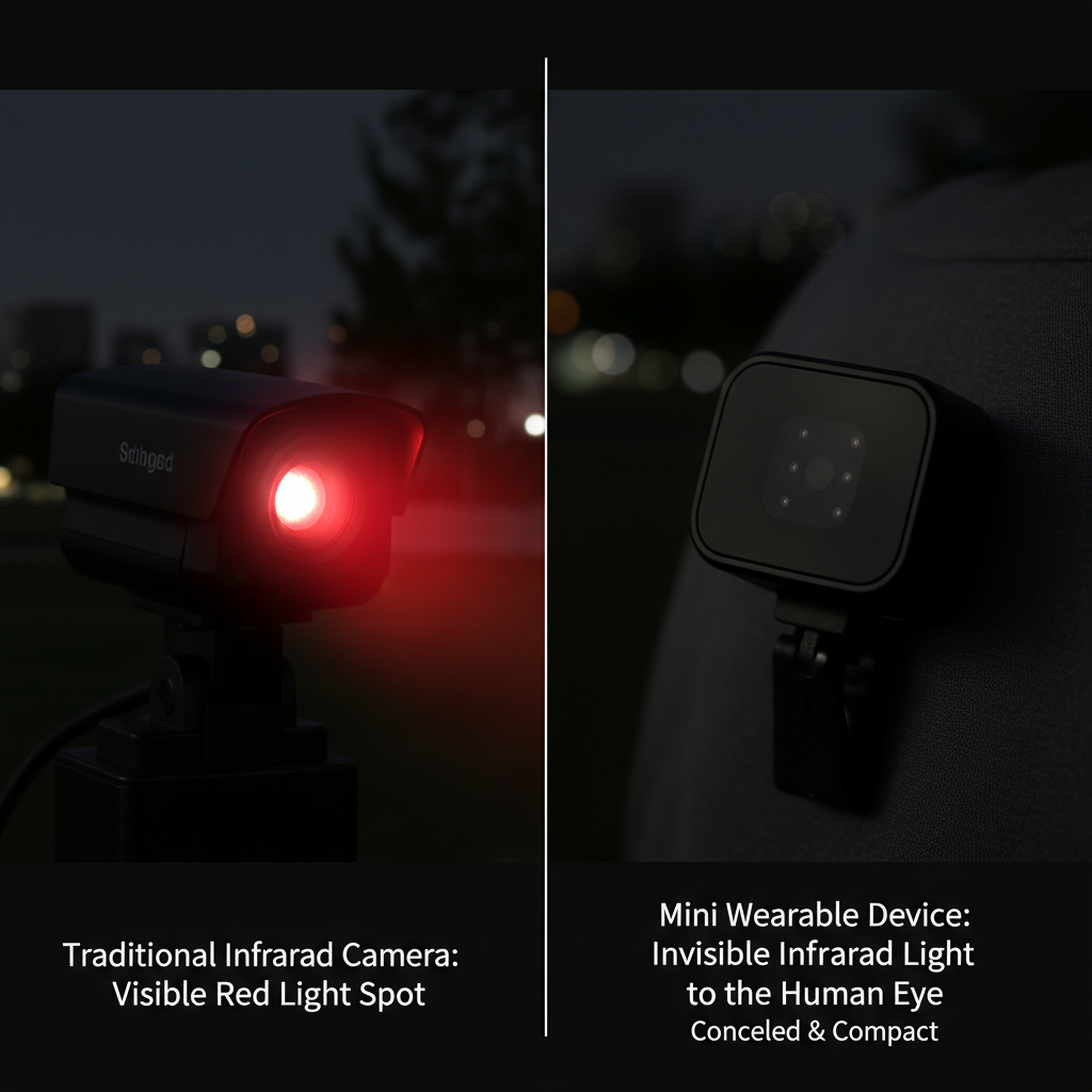 对比图:左侧是一个传统红外夜视摄像头,发出明显可见的红色光斑,暗示其对人眼的干扰。右侧是一个微型穿戴设备红外灯珠的特写,周围无可见光,并标注“人眼不可见红外光”,强调其隐蔽性优势和小巧。