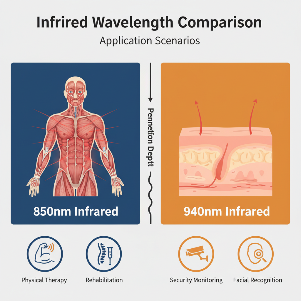 一张图示,对比展示850nm和940nm两种红外波长的穿透深度和应用场景。850nm光线深入肌肉和骨骼,适用于理疗康复;940nm光线作用于皮肤表层,适用于安防监控和人脸识别。