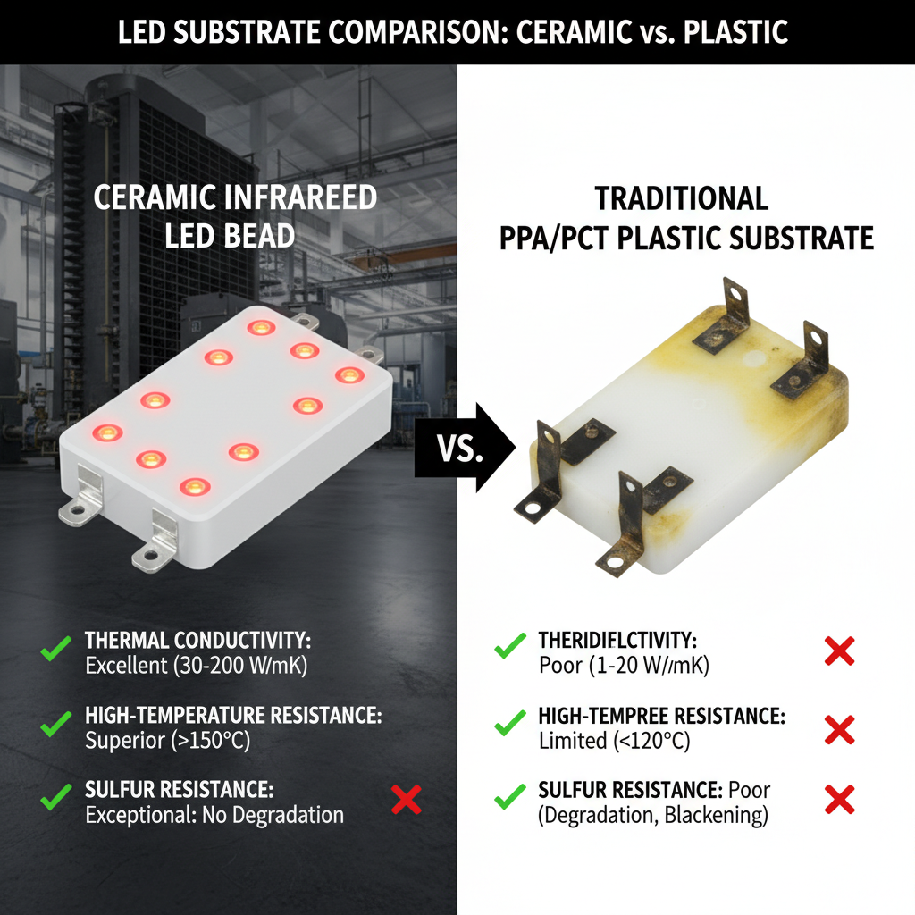 陶瓷红外灯珠与传统PPA/PCT塑料基板对比图,突出陶瓷灯珠在工业环境下的坚固耐用、抗硫化等优势,并标注热导率、耐高温性、抗硫化能力等对比特性。