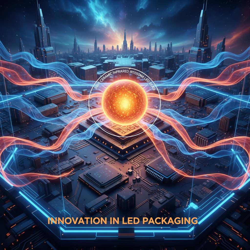 未来科技感插图:5050陶瓷红外IR1050NM灯珠发出的不可见红外线,照亮周围电路,象征其在LED封装领域的创新地位。