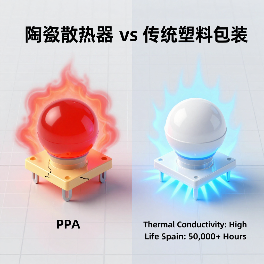 3D渲染图对比传统PPA塑料支架与陶瓷基板LED灯珠的散热差异。PPA灯珠周围模拟高温热量并伴有老化迹象；陶瓷灯珠通过底座高效散热，周围有清凉光效，标注“Thermal Conductivity: High”和“Life Span: 50,000+ Hours”。