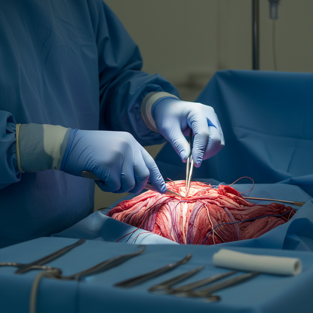特写镜头,外科医生戴着手套的双手正在进行手术,专注于手术区域的红色组织,高显色指数R9的无影灯确保了血管和肌肉层次的清晰分辨,强调精准辨识的重要性。