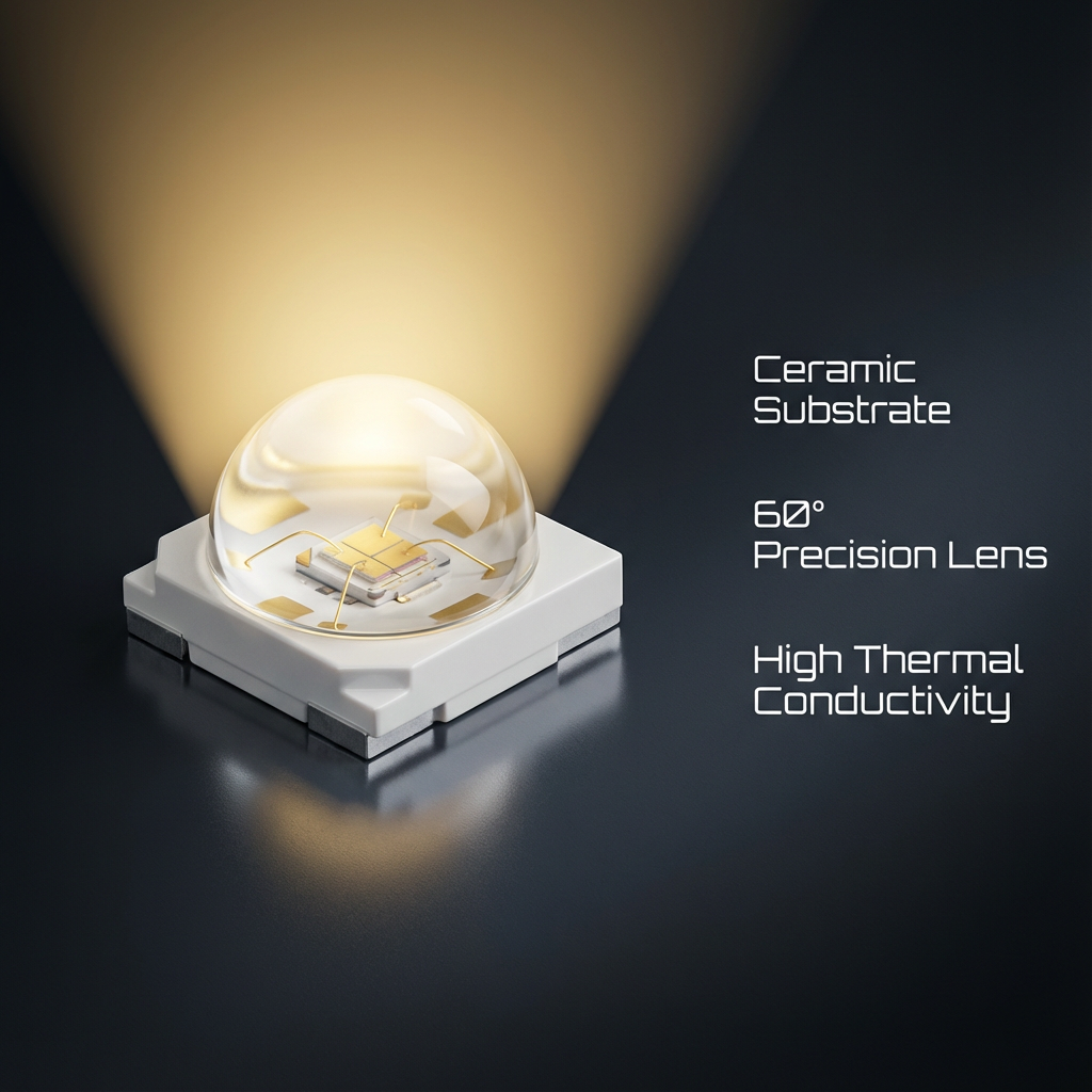 60°LED发光陶瓷灯珠特写，展示陶瓷基板、60度精密透镜和高散热特性