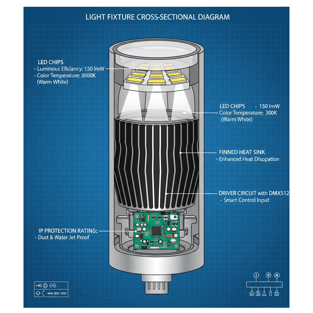 亮化灯内部结构示意图,突出LED灯珠、散热片、驱动电路和DMX512控制器,并标注光效、色温和IP防护等级等关键技术参数。
