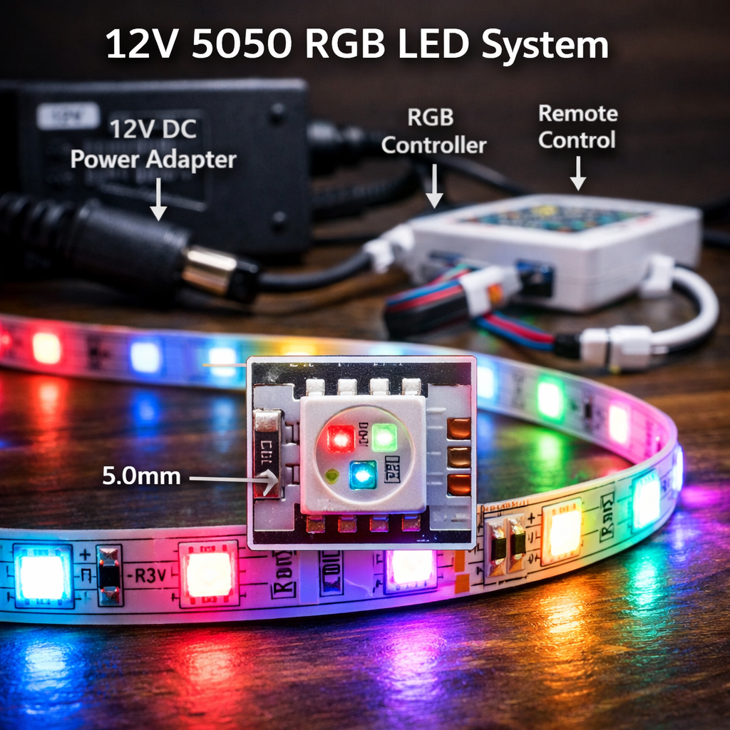 12V 5050 RGB LED灯带系统，展示了灯带、电源适配器和RGB控制器，突出5050灯珠细节