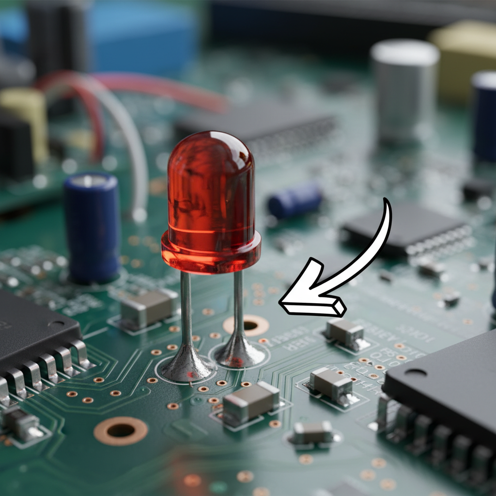 一个电路板的特写镜头,上面清晰地显示了直插式LED灯的引脚插入电路板的通孔中,周围环绕着焊锡。一个箭头指向引脚,说明焊接过程。