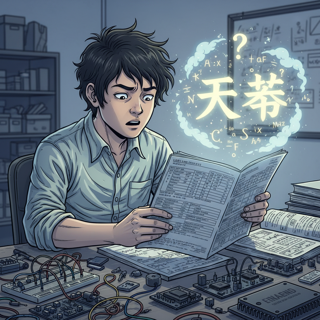 工程师或采购人员面对复杂Datasheet感到困惑,上方悬浮着“天书”二字和问号,周围是电子元件和公式符号,象征LEDDatasheet功率信息的解读难度。
