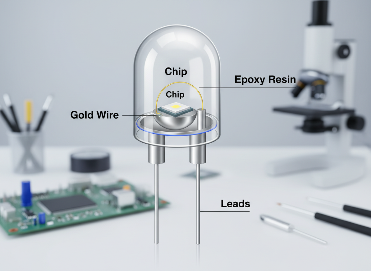 圆头直插灯珠内部结构图，清晰展示LED芯片、金线、环氧树脂和引脚等组成部分及英文注释