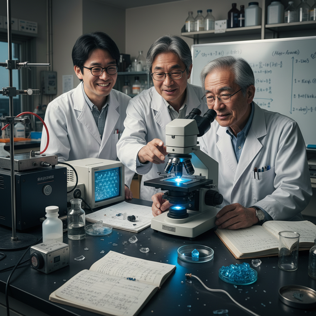 一个科学实验室的场景,赤崎勇、天野浩和中村修二三位日本科学家正在仔细观察着显微镜下的蓝色LED晶体。实验室里充满了复杂的仪器,桌上散落着实验记录和失败的样品。他们充满希望的表情,象征着他们克服困难,取得科学突破。