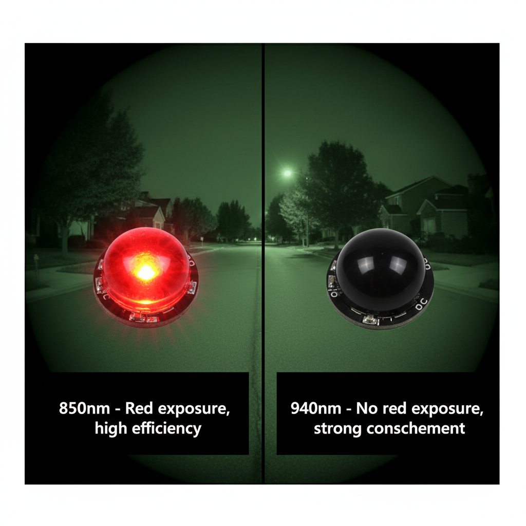 左右分屏对比图:左侧是一个发光的850nm红外LED,带有可见的红色光点,下方文字注明“850nm - 有红曝,效率高”。右侧是一个看起来未发光但同样有效的940nm红外LED,下方文字注明“940nm - 无红曝,隐蔽性强”。背景是模糊的夜视场景。