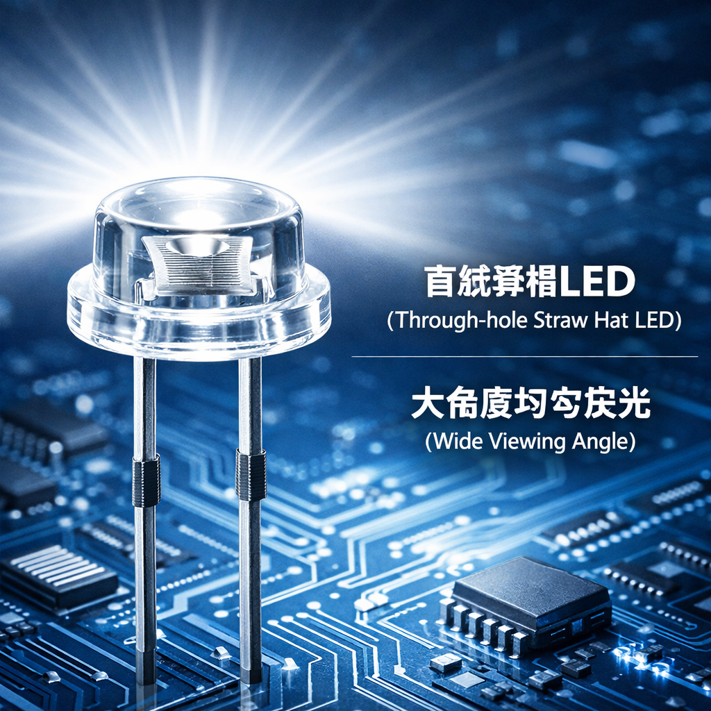 直插草帽LED灯珠特写，展示其宽广的发光角度和均匀柔和的光芒，背景是科技感电路板底纹，并标注“直插草帽LED”和“大角度均匀发光”。