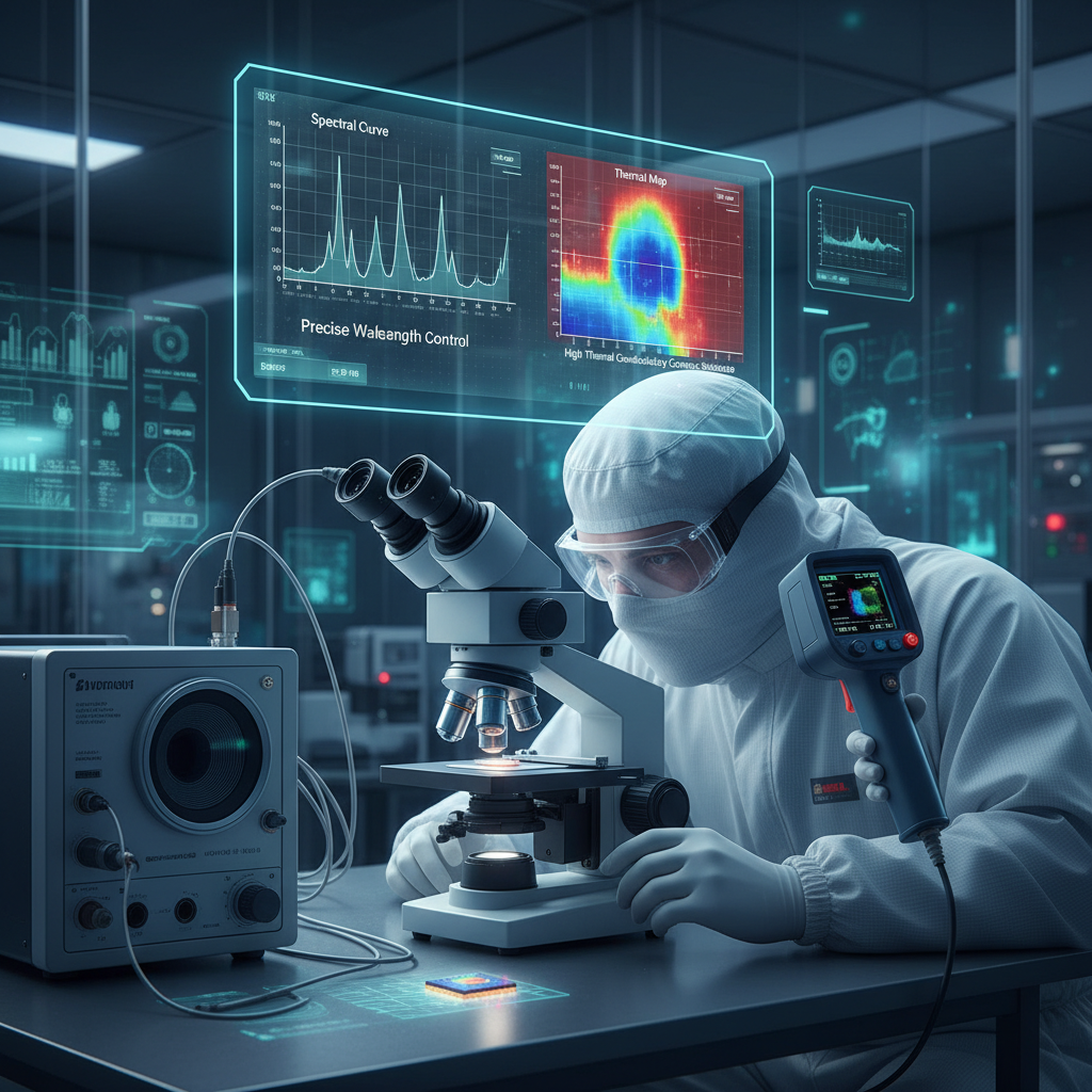 工程师在实验室显微镜下研究5050陶瓷四合一医美LED灯珠，屏幕显示光谱和热力图，强调陶瓷基板的高导热性和波长精准控制。