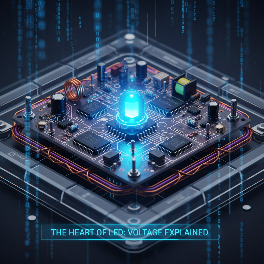发光的LED灯珠及其电路图,强调电压和电流参数,象征LED灯珠的“心脏”和技术核心。