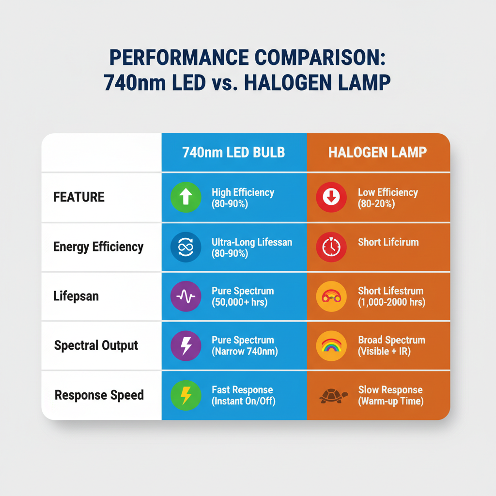 740nm LED灯珠与传统卤素灯的性能对比图:展示了740nm LED在能效、寿命、光谱纯净度和响应速度上的显著优势,并与卤素灯的劣势形成对比。