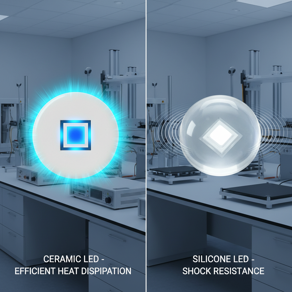 陶瓷灯珠与硅胶灯珠性能对比:左侧陶瓷灯珠显示高效散热,右侧硅胶灯珠展示抗震保护