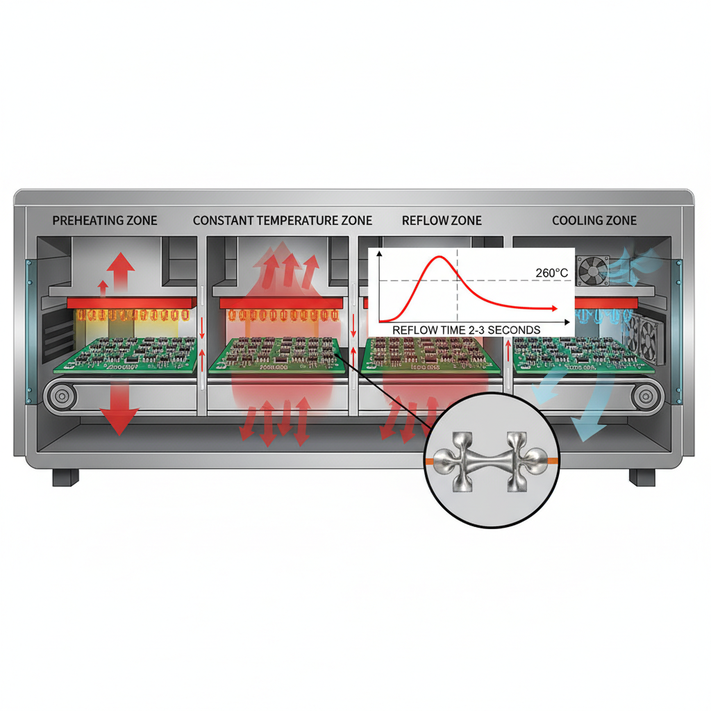 一个回流焊炉内部的横截面图。在炉内,PCB板正通过预热区、恒温区、回流区和冷却区。0402元件在PCB上已贴装就位,锡膏印刷完美。炉内显示温度曲线图,峰值温度约为260°C,回流时间控制在2-3秒之间。图示还应包含元件的放大图,清晰显示焊接过程中的焊点形成。