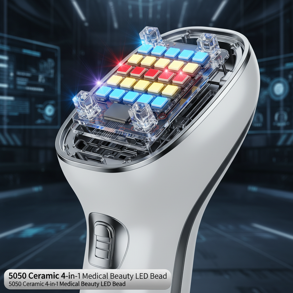 半侧剖视图展示美容仪内部的5050陶瓷四合一医美LED灯珠，发出红、蓝、黄、近红外光，强调技术先进性。