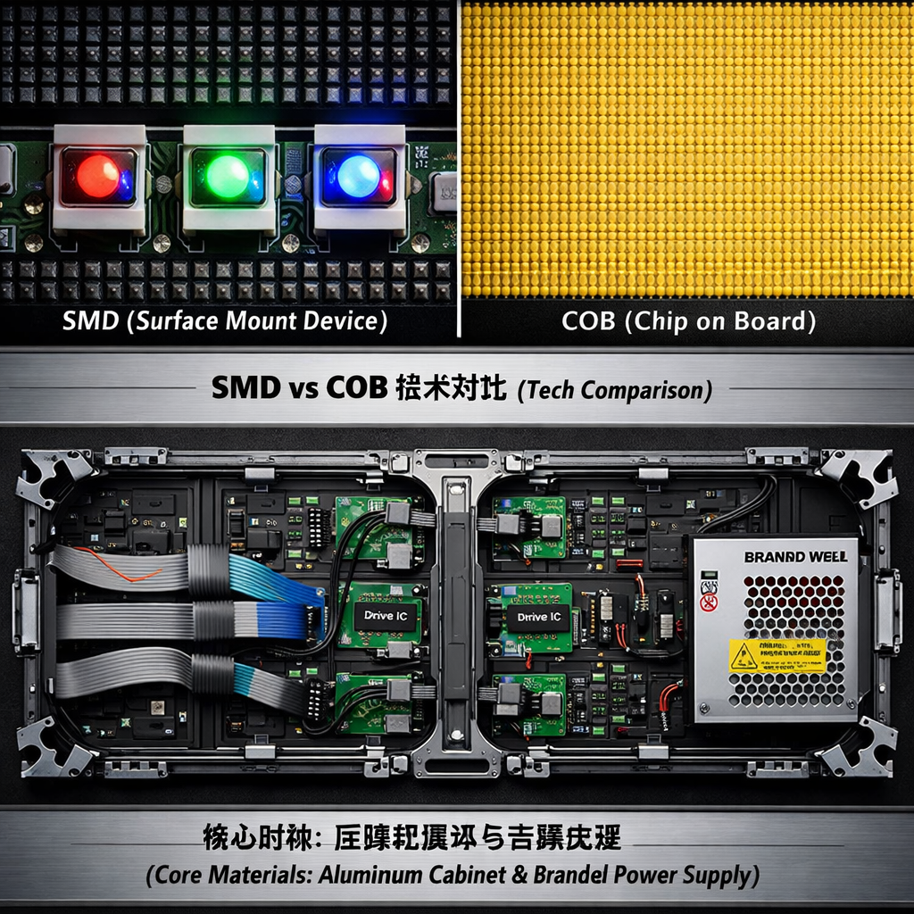LED核心技术与材料对比图:SMD与COB封装技术的微距细节对比,以及户外LED广告牌内部的压铸铝箱体、驱动IC和品牌电源的展示,突出其工业设计和核心材料品质。