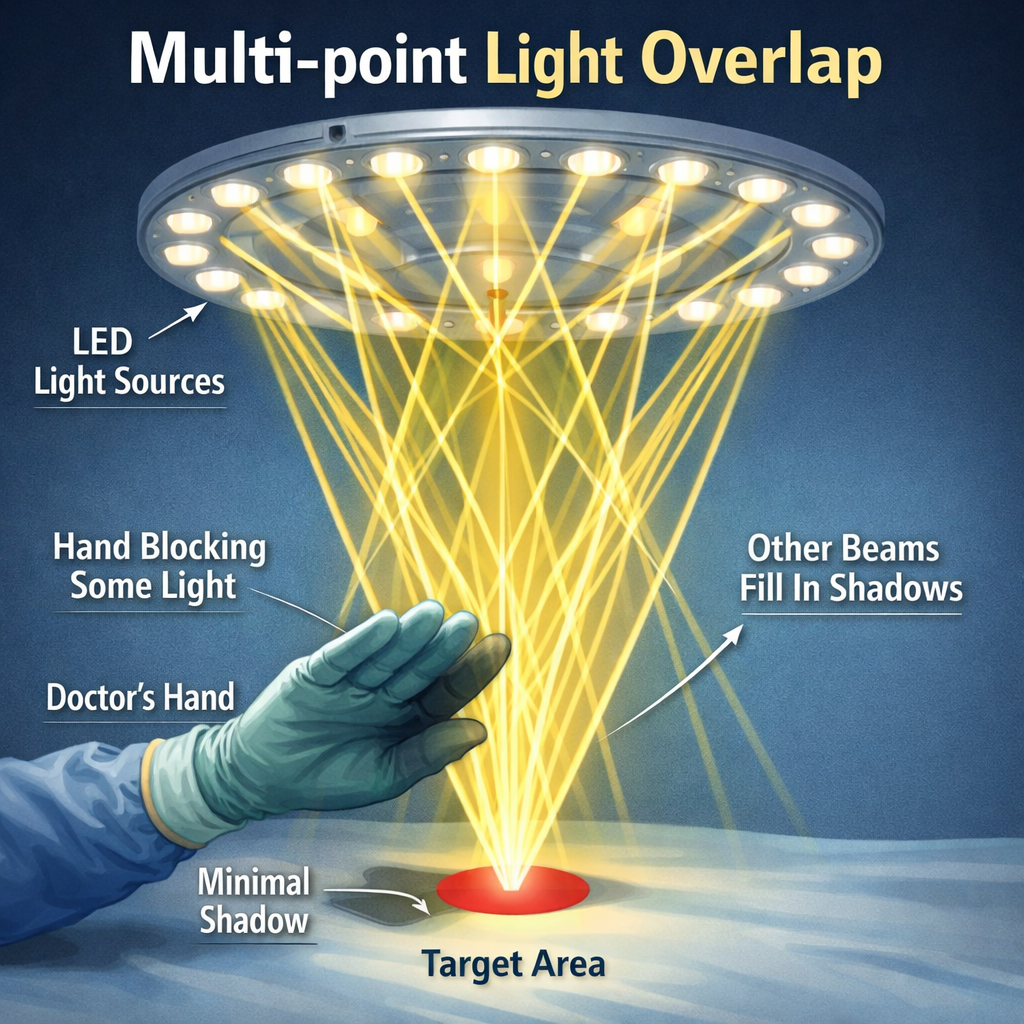 无影灯消除阴影原理的科学示意图，展示多个LED点光源如何通过光的叠加效应消除阴影，确保手术区域始终保持清晰照明。