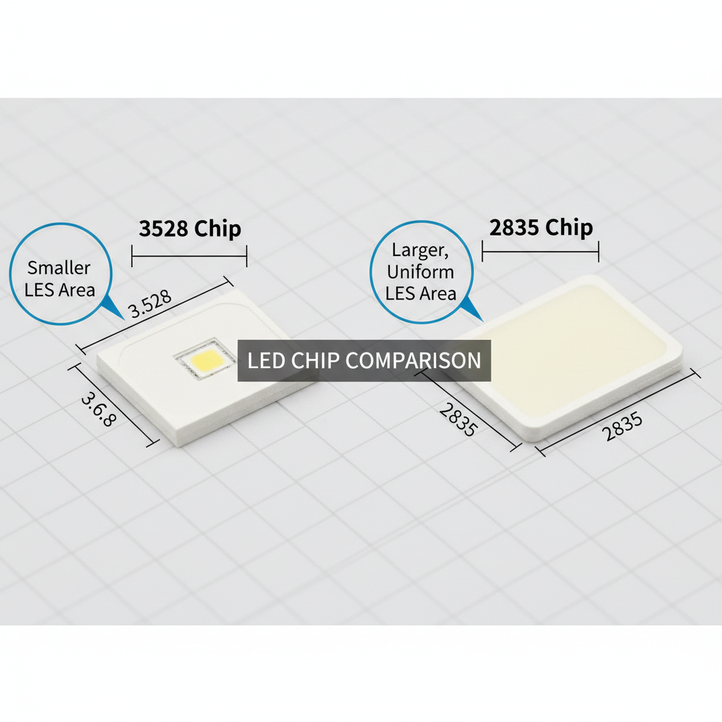 并列对比的3528和2835白光LED灯珠特写，清晰展示两者在尺寸、厚度和发光面大小上的物理差异与示意性标注