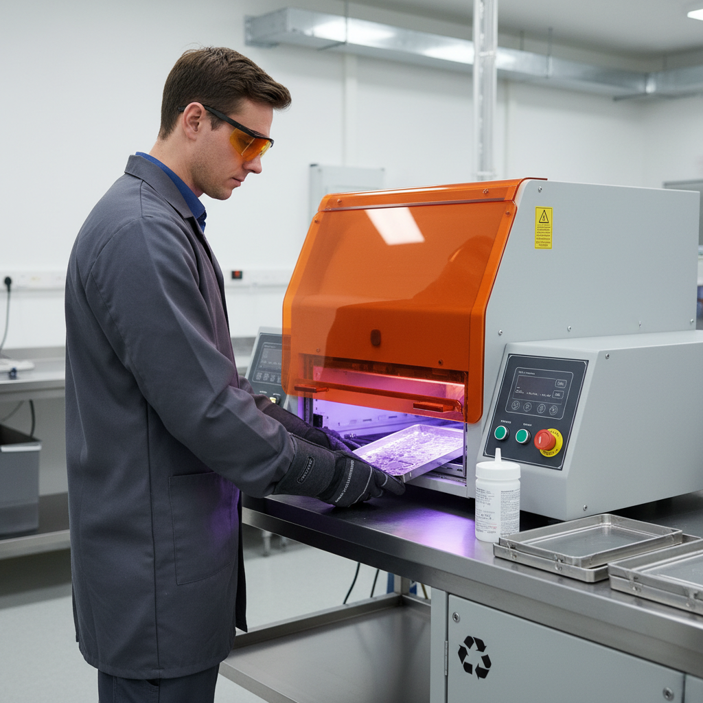 操作员佩戴UV防护装备,在安全防护罩下操作UV固化设备,确保人员安全