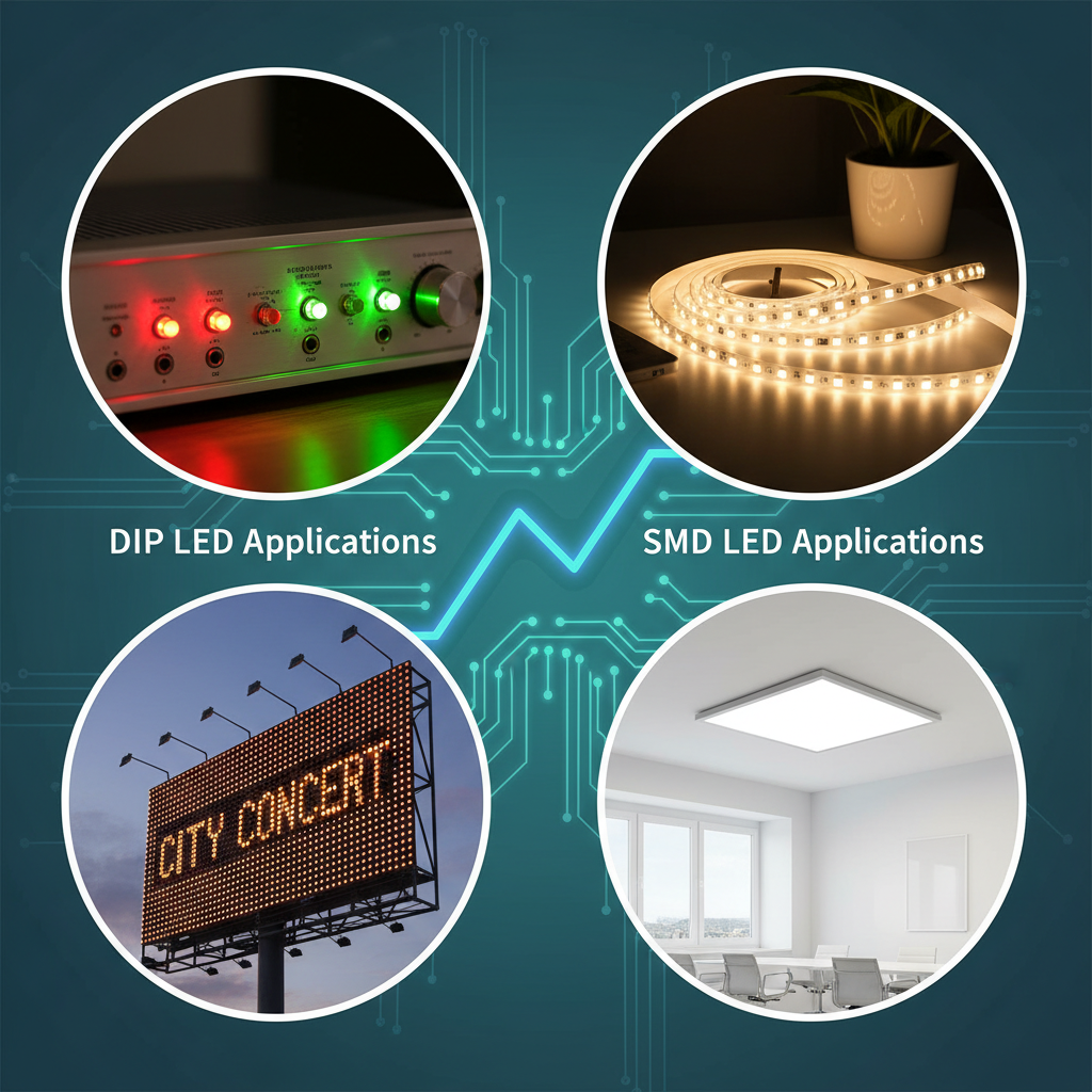 LED灯珠应用场景图,展示咪泡灯在指示灯和显示屏中的应用以及贴片灯在灯带和面板灯中的应用