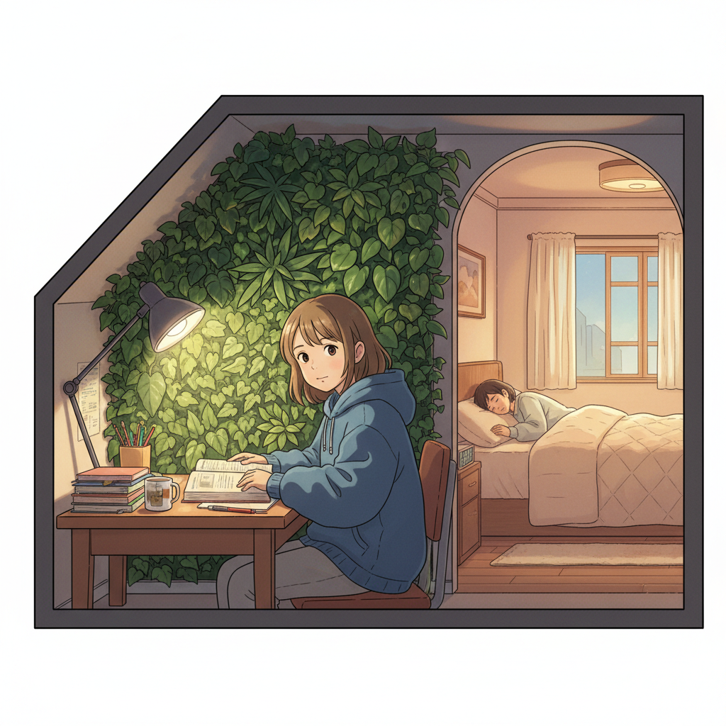 全光谱照明如何改善视觉舒适度、调节生物节律和提升情绪:图中学生在全光谱灯下专注学习,背景植物健康生长,卧室环境舒适助眠。