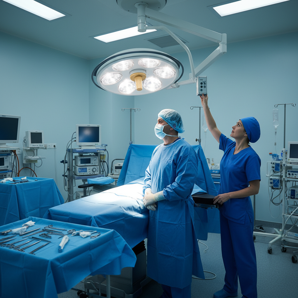 手术室准备场景,外科医生在手术台前,无影灯的灯头正确放置于手术区域上方,略偏一侧,有效照亮操作部位。一名巡回护士观察灯光并进行微调。