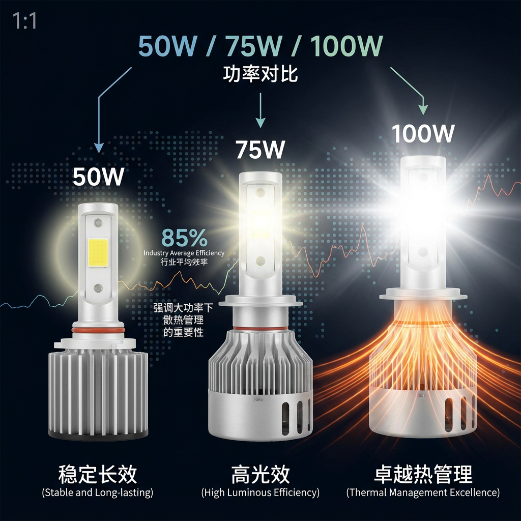 50W、75W、100W陶瓷灯珠性能与散热对比信息图，展示不同功率灯珠的光输出、散热片大小及热流传导视觉效果，强调高功率下热管理重要性。
