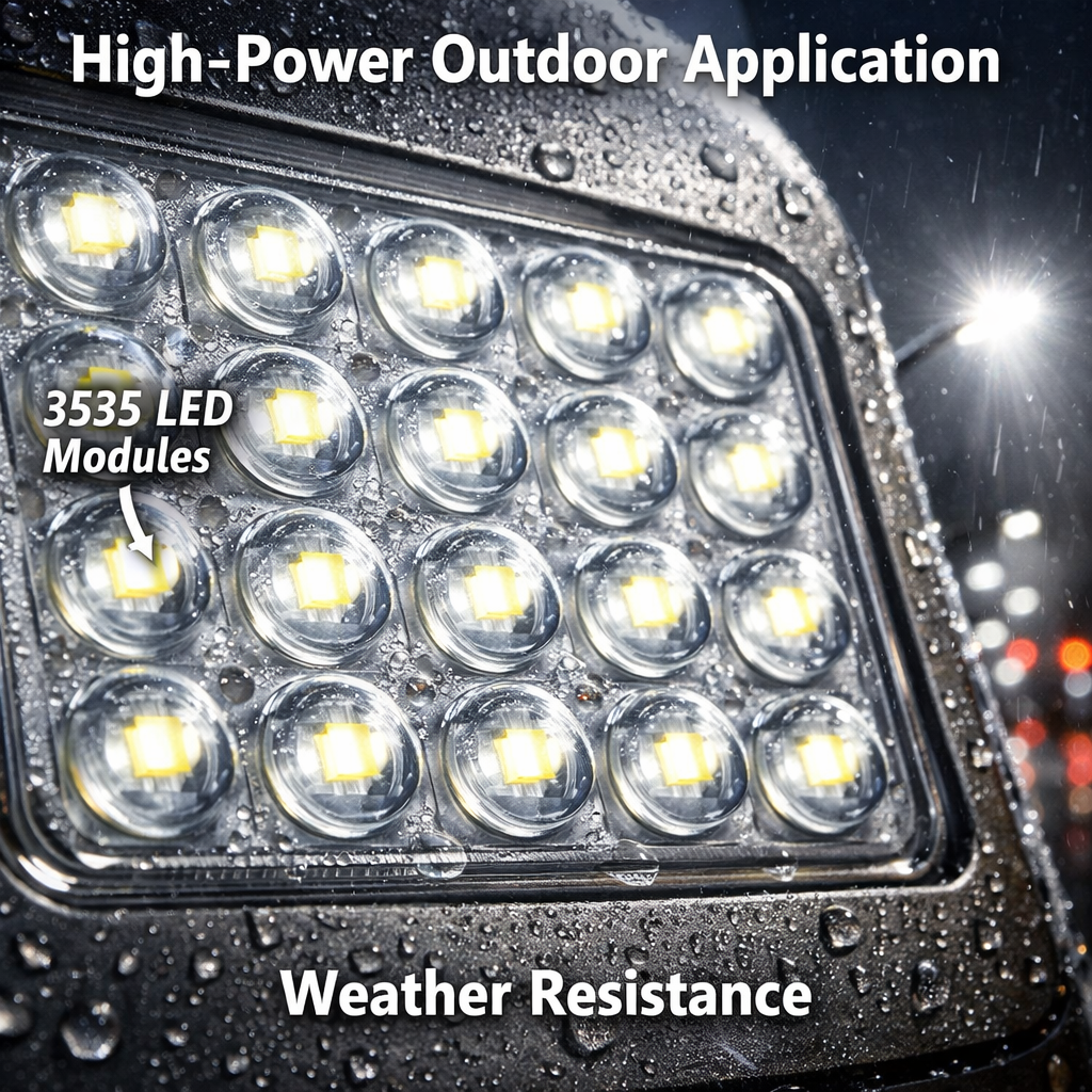 雨后城市街头，现代LED路灯发出强光，特写显示路灯内部密集的3535 LED模组，展现其高功率户外应用和卓越的耐候性。