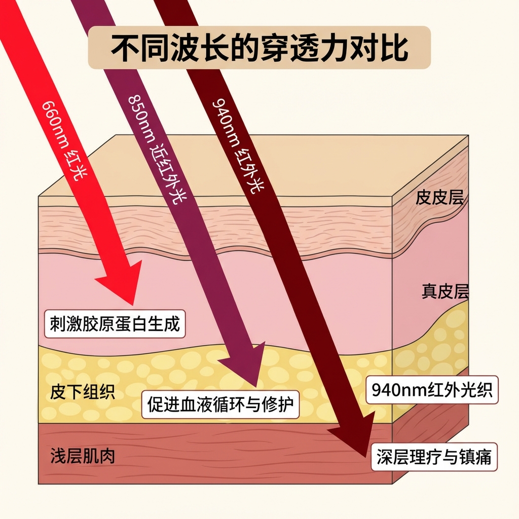 科学皮肤结构截面图，展示660nm红光、850nm近红外光和940nm红外光在皮肤中的不同穿透深度与生物效应，标注“不同波长的穿透力对比”。