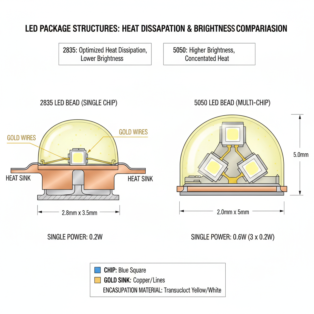 一张技术图解,清晰对比2835和5050两种LED灯珠的横截面结构,标注芯片、散热片、金线、封装材料等关键部件,以及尺寸和单颗功率,直观展示不同封装对散热和亮度的影响。