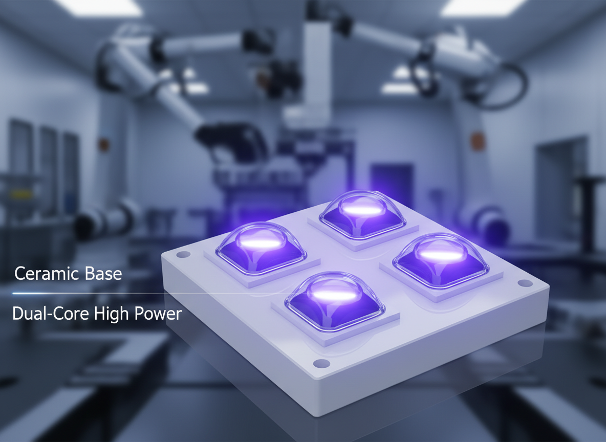 大功率陶瓷双芯395nm紫外线LED光源核心构造,展示氮化铝陶瓷基板上两颗LED芯片,散发深紫色光芒,强调高可靠性与先进封装工艺。