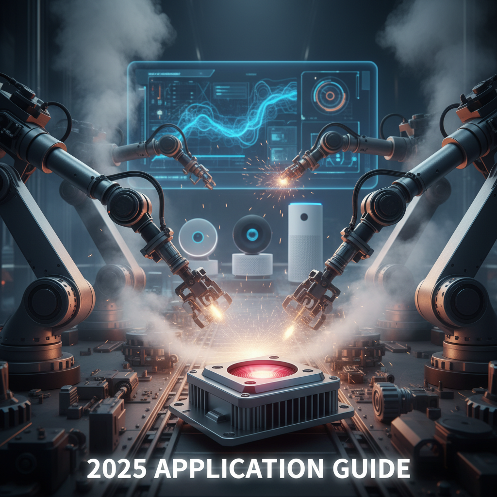 一颗闪烁着微弱红光的耐高温红外LED灯珠，在炙热、充满蒸汽和机械臂运作的工业自动化生产线上稳定工作，背景是模糊的未来感监控画面和智能家居设备。画面下方有“2025 应用指南”字样。