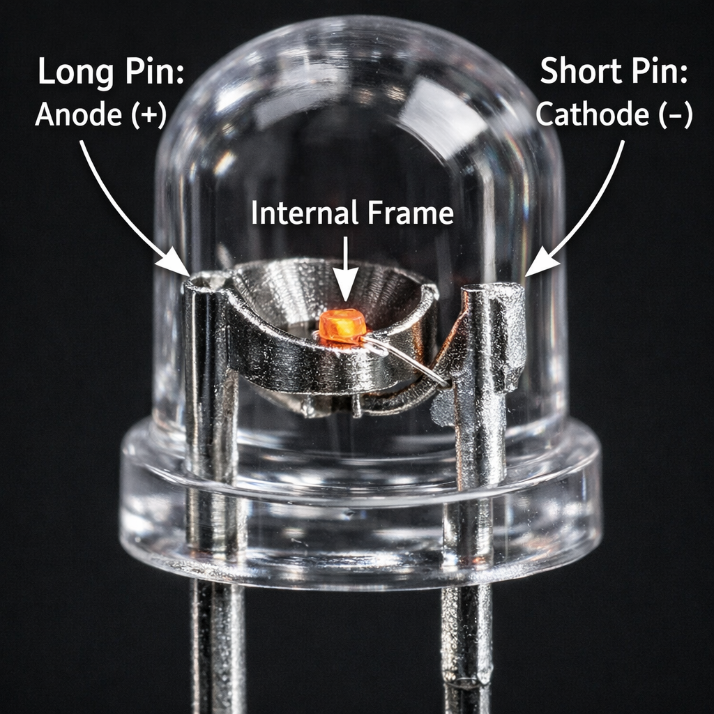直插接收灯珠引脚极性与内部结构特写，展示长短引脚与内部支架