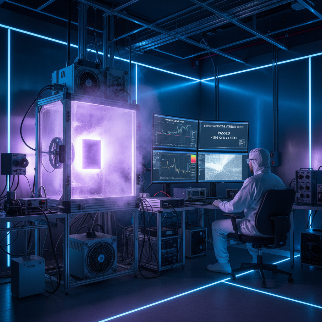 一台便携式高亮红外LED模组正在进行高低温冲击测试，工程师通过屏幕监测光衰数据，确保产品质量和长寿命。