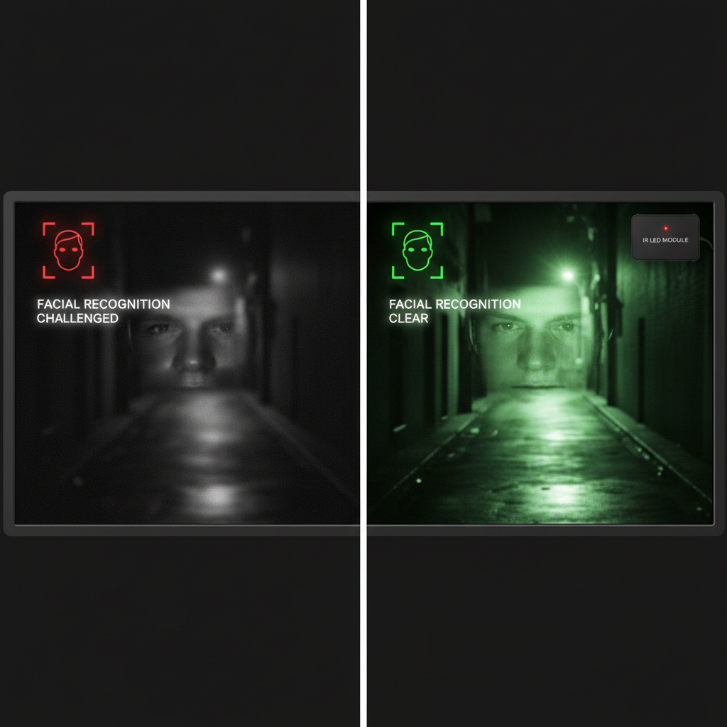 红外LED模组的夜视效果对比：左侧为无红外照明下的模糊画面，右侧为有红外照明下的清晰监控画面和面部识别效果。