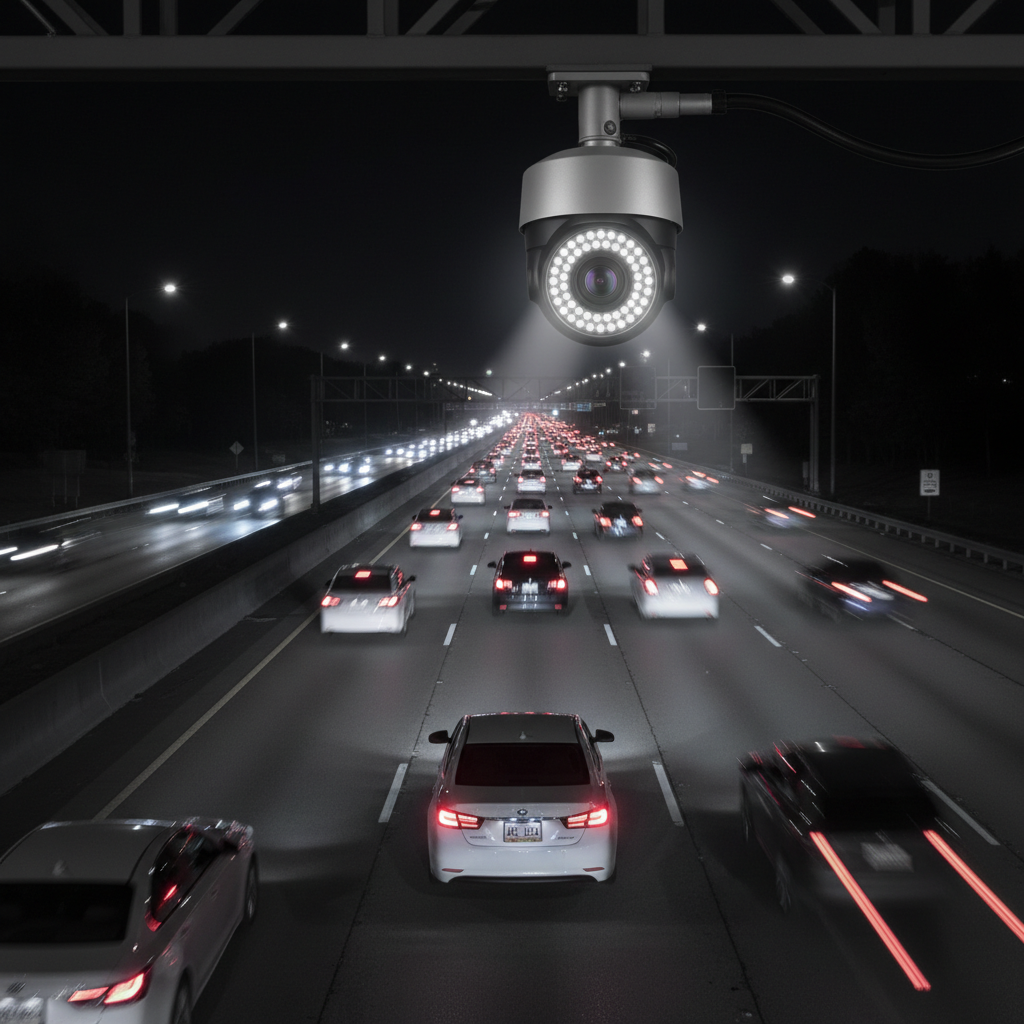 智能交通监控在夜晚利用红外补光灯清晰识别高速行驶车辆的车牌，即使在强光干扰下也能保证图像高清晰度。