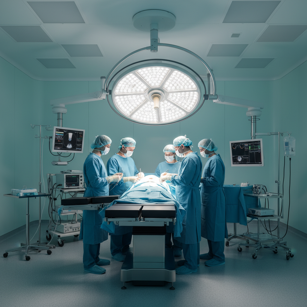 现代手术室内部,一个巨大的、多光板的无影灯悬挂在手术台上方,灯具形似‘大花洒’,其均匀光照使手术台区域无明显阴影,展示了其‘无影’效果。